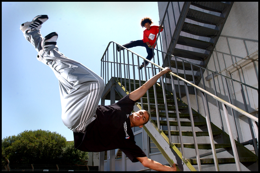 Pupils from King Edward V Community College (KEVIC) from Totnes are taught the basics skills of PARKOUR by members of the Seidojin group of Urban Freeflow. Published by Times Education Supplement.