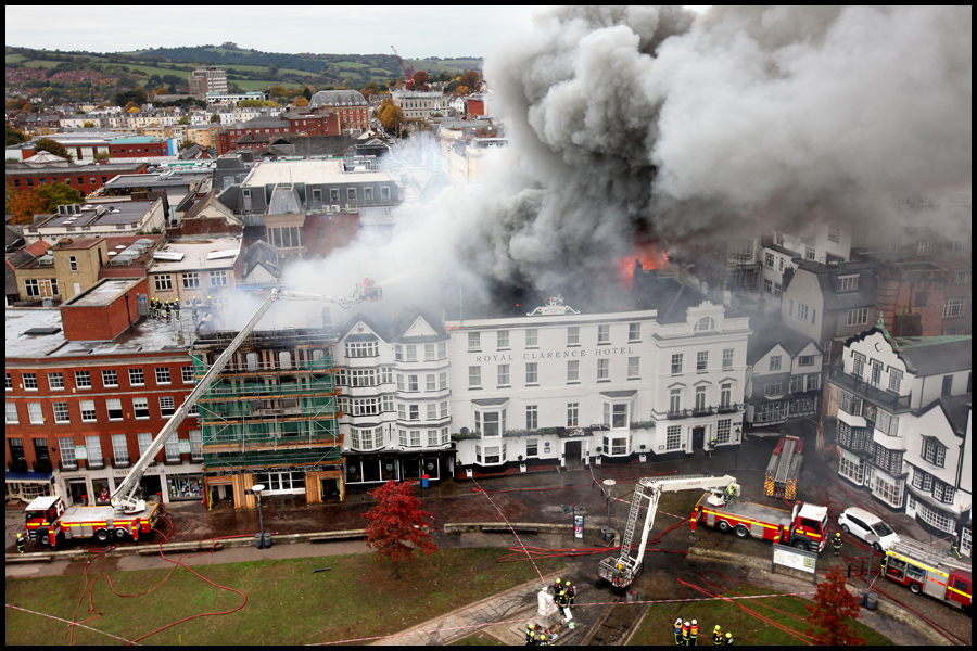 Fire engulfs the historic Royal Clarence Hotel in Exeter, Devon, thought to be the oldest hotel in Britain: Picture published in The Telegraph and Daily Mirror.