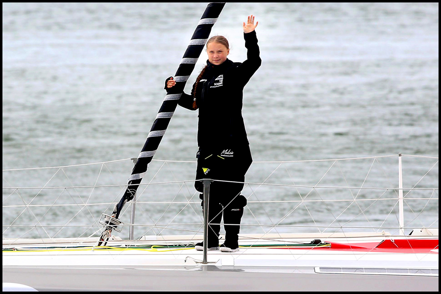 Teenage climate change activist Greta Thunberg, pictured setting sail from Plymouth en route to New York aboard the Malizia II, for a UN climate summit. Picture published in The Telegraph newspaper.