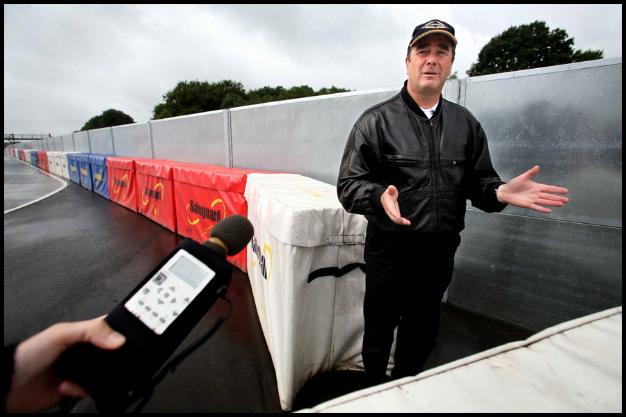 Nigel Mansell answers questions from the local media about the controversal kart race track at Dunkeswell Airfield, Devon: Commissioned by The Western Morning News Newspaper