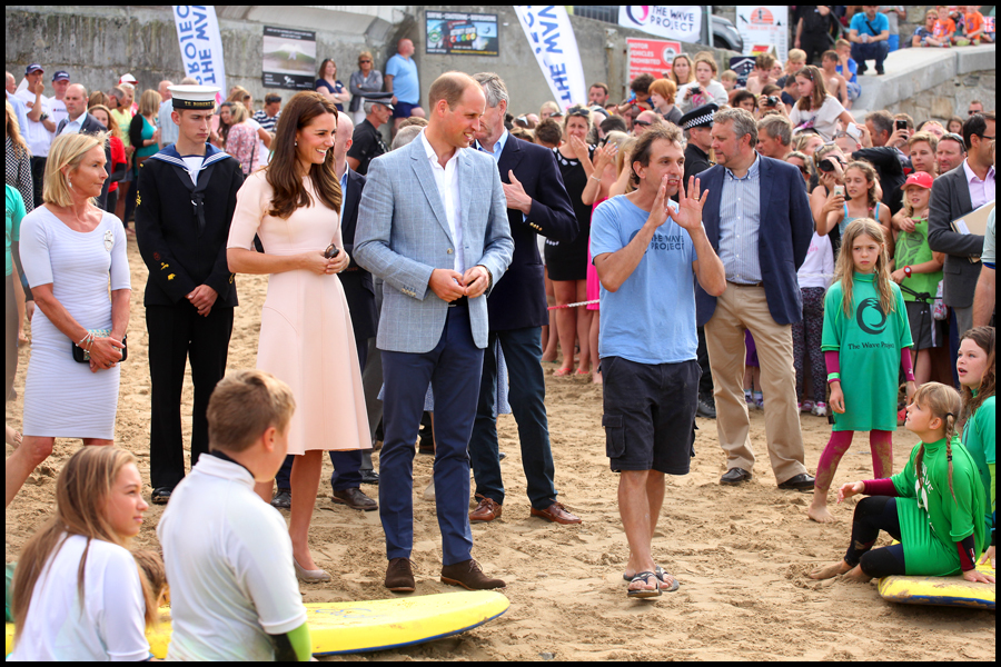 HRH Prince William and wife Catherine, Duchess of Cambridge pictured visiting a presentation by the Wave Hub charity at Towan Beach in Newquay, Cornwall.